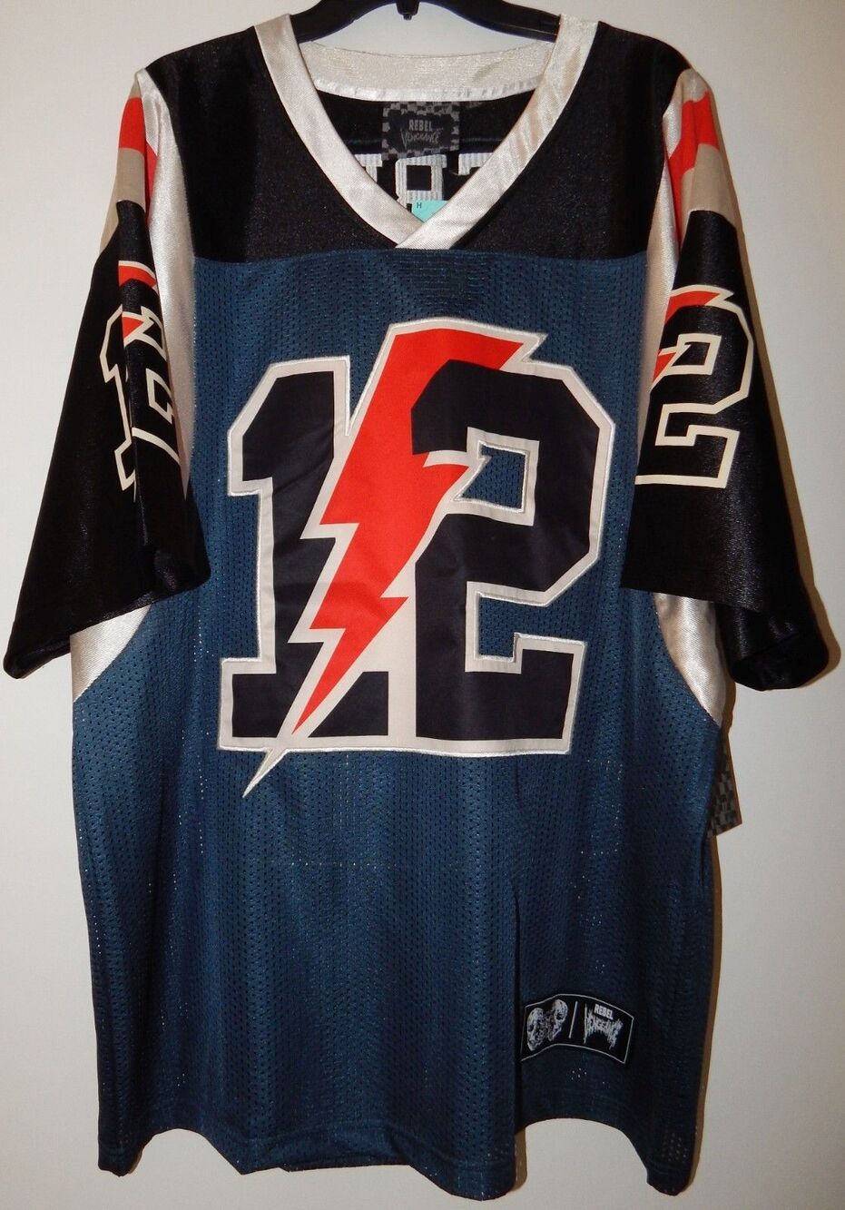 Rebel Vengeance Football Jersey #12 Men’s 2XL Blue Red White Lighting Bolt NWT